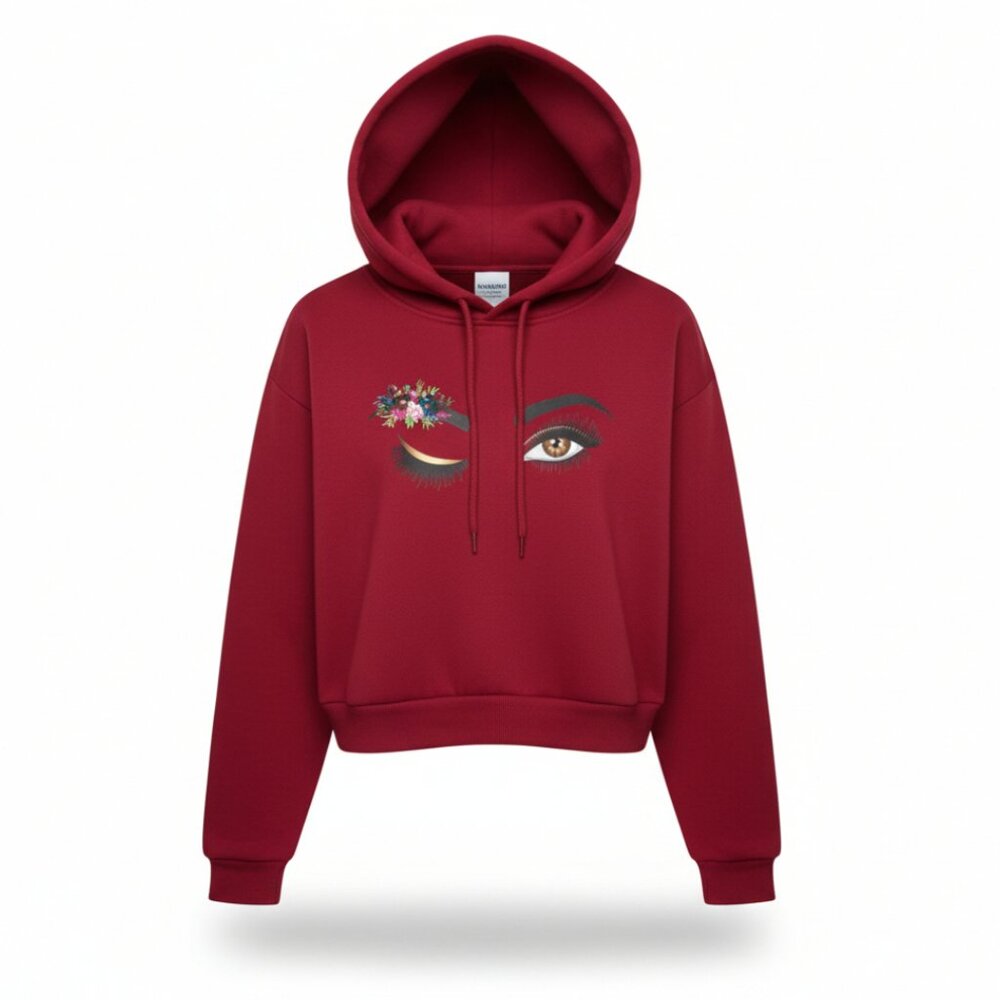Red Cropped Hoodie Sweatshirt Graphic Eyes Floral Wink Design Cozy Streetwear